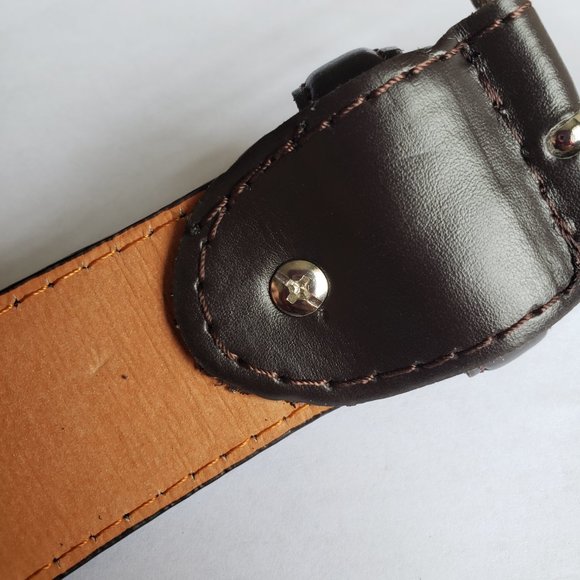 Men's Genuine Leather Brown Dress Belt Casual Silver Buckle Trapezoid End - Picture 2 of 3